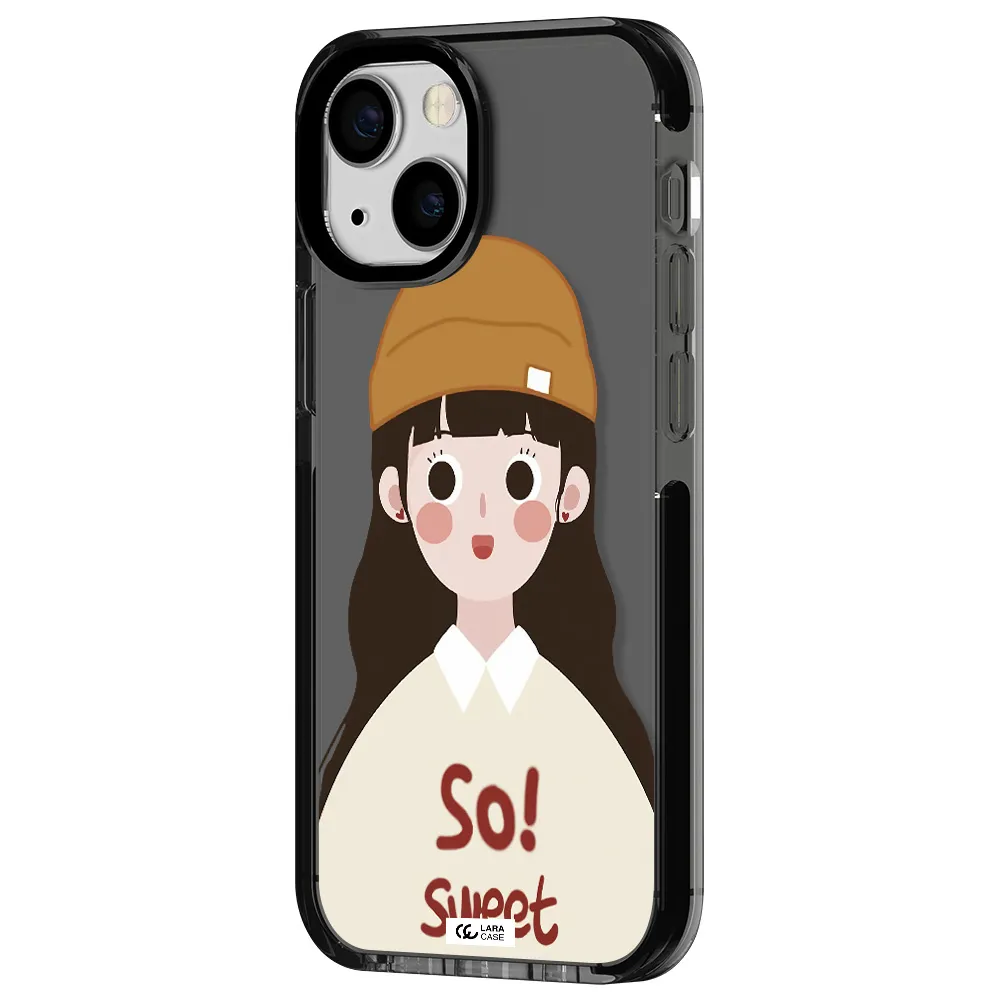 a cartoon of a girl with brown hair Apple iPhone 15 impact Smoke Black Case