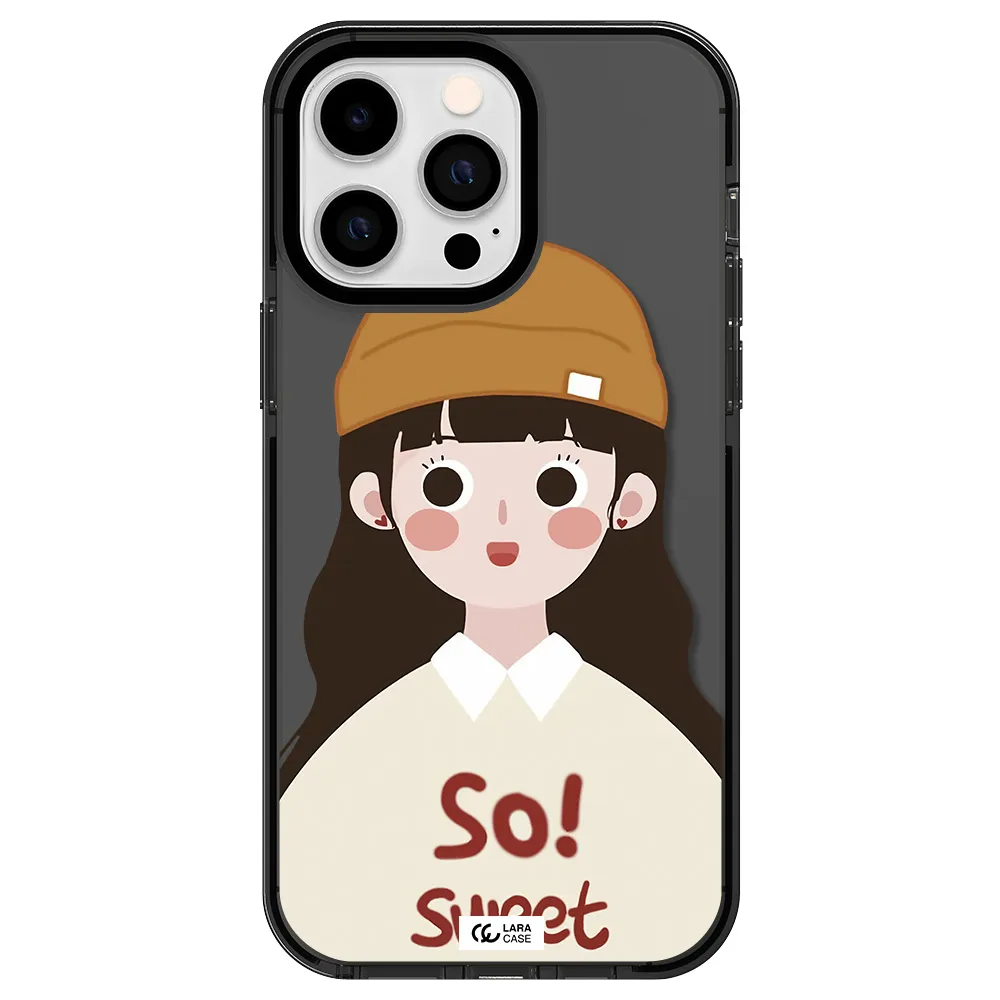 a cartoon of a girl with brown hair Apple iPhone 15 Pro Max impact Smoke Black Case