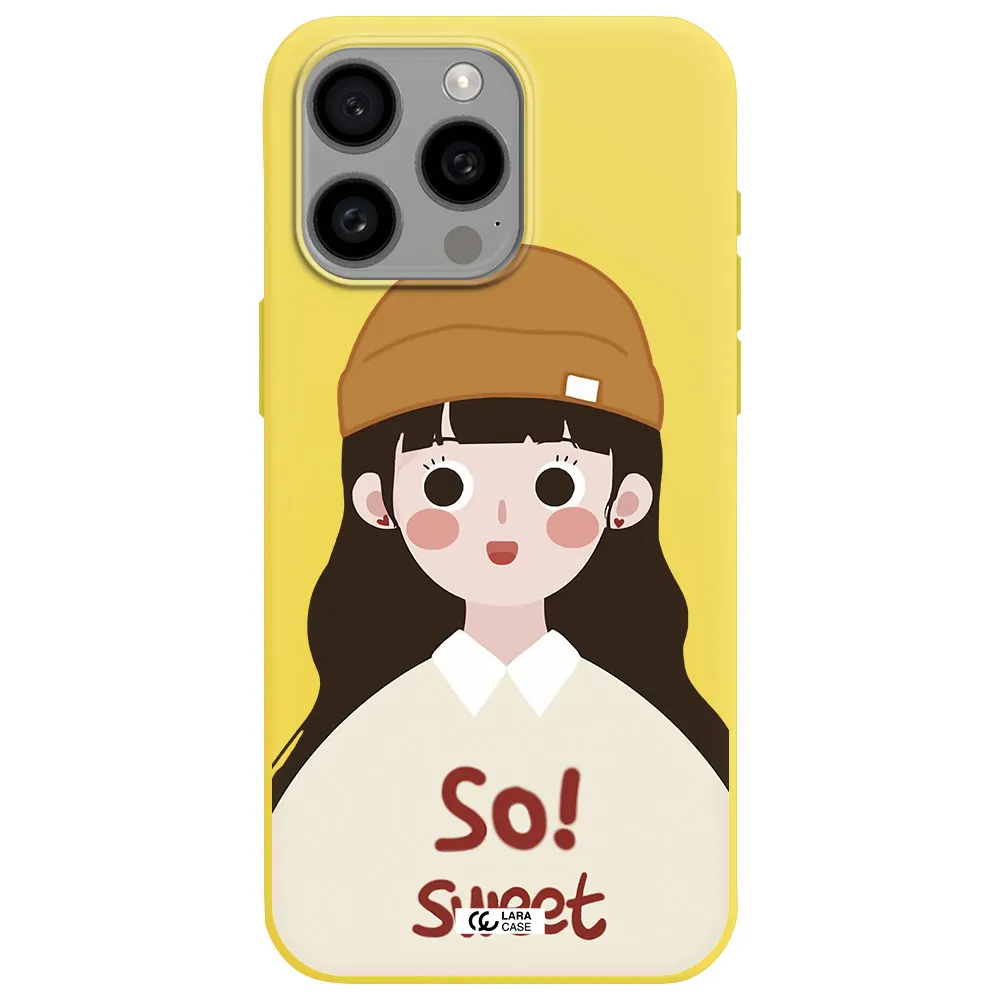 a cartoon of a girl with brown hair Apple Iphone 15 Pro max Silicone canary yellow Case