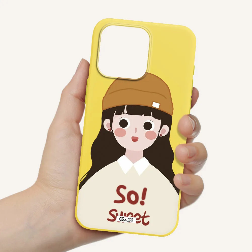 a cartoon of a girl with brown hair Apple Iphone 15 Pro max Silicone canary yellow Case