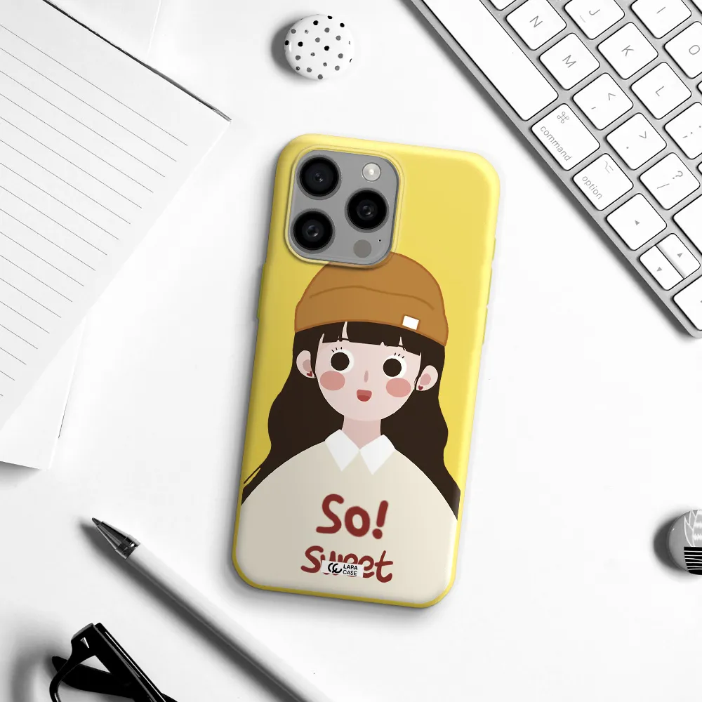 a cartoon of a girl with brown hair Apple Iphone 15 Pro max Silicone canary yellow Case