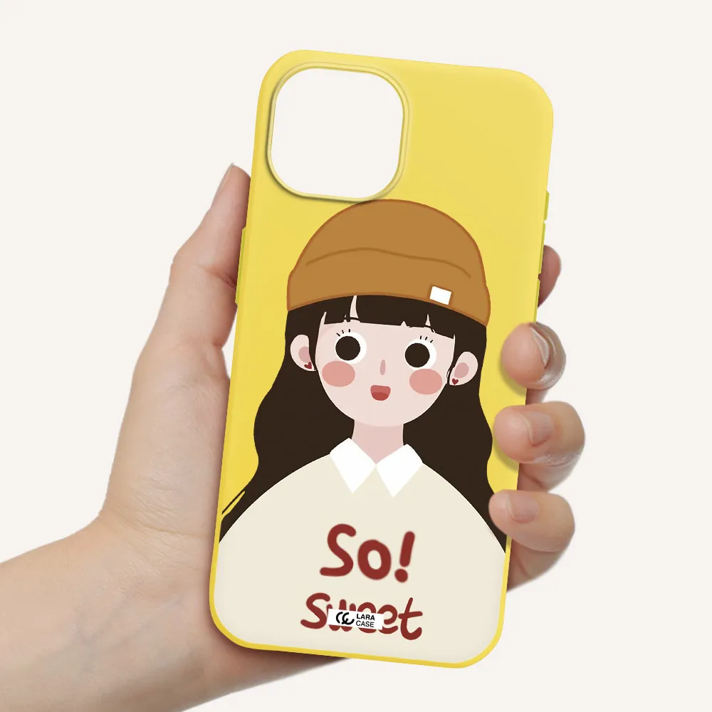 a cartoon of a girl with brown hair Apple iPhone 15 Silicone canary yellow Case