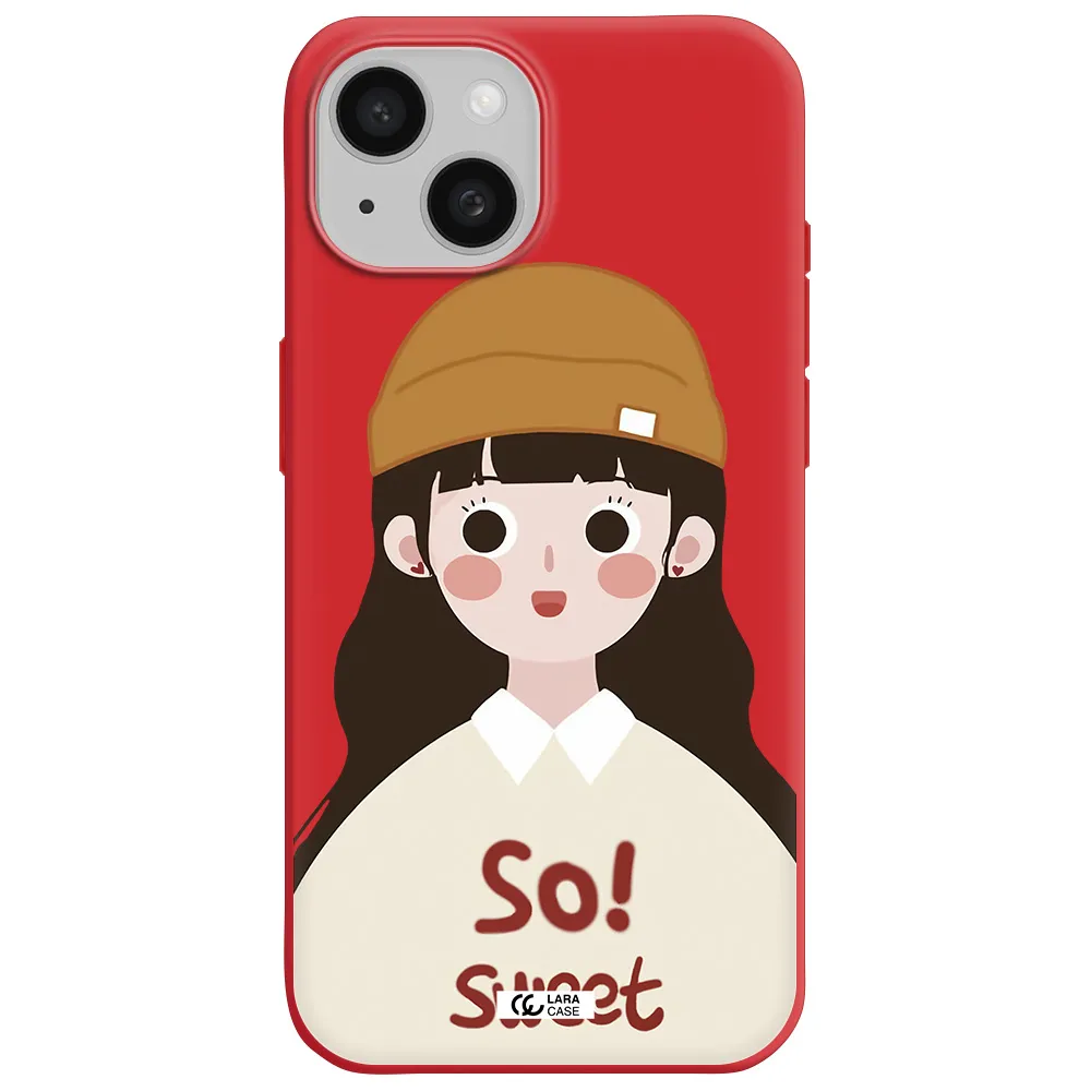 A Cartoon Of A Girl With Brown Hair Apple Iphone 15 Silicone Imperial Red Case