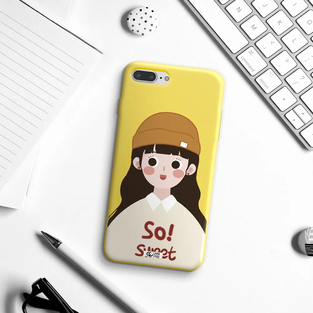 a cartoon of a girl with brown hair Apple iPhone 7 plus Silicone canary yellow Case