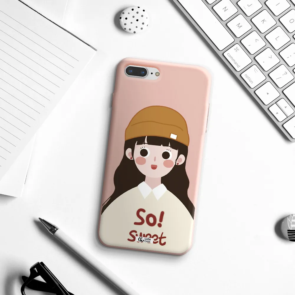 a cartoon of a girl with brown hair Apple iPhone 8 plus Silicone pastel pink Case