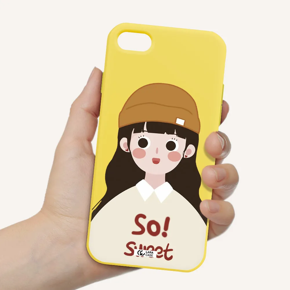 a cartoon of a girl with brown hair Apple iPhone 8 Silicone canary yellow Case