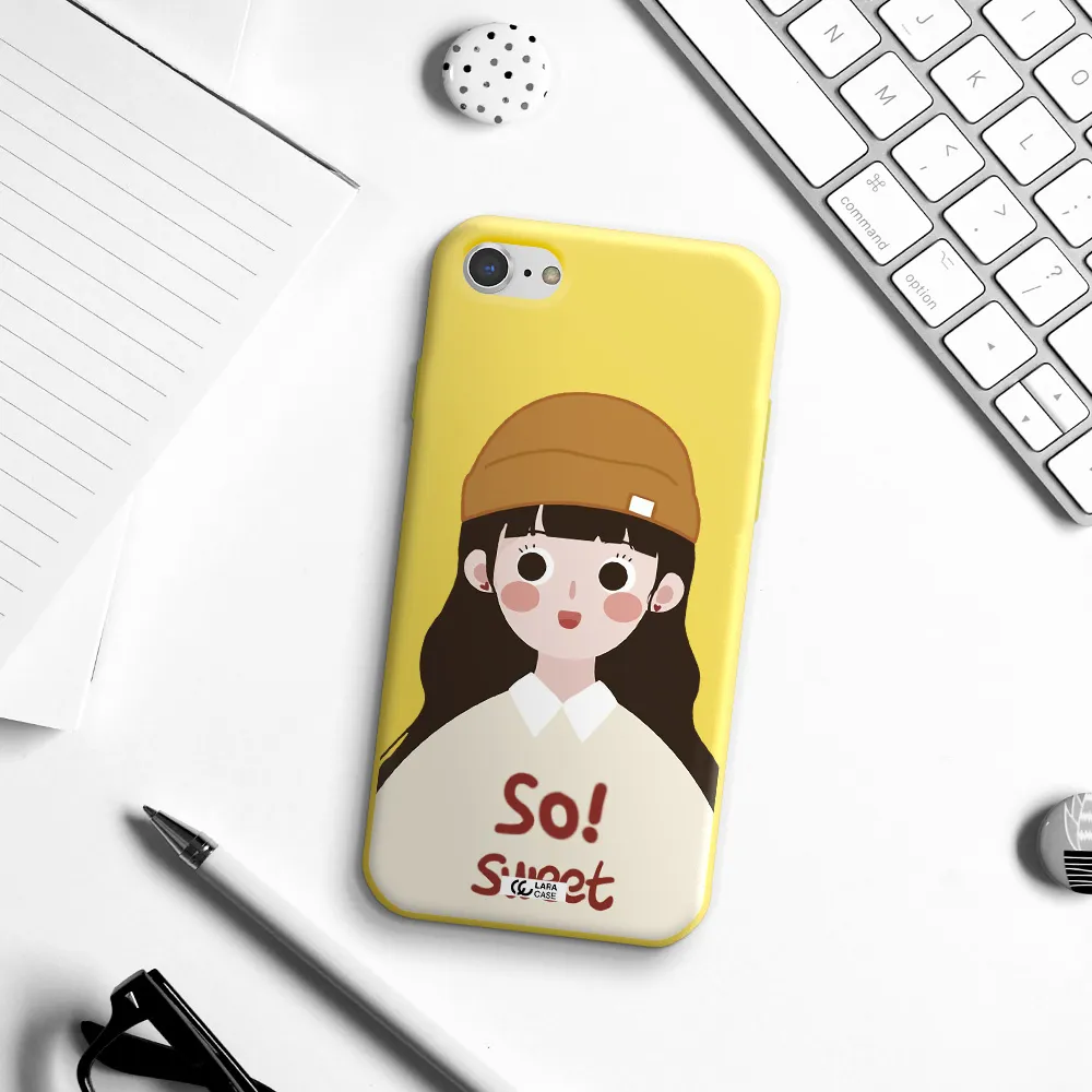 a cartoon of a girl with brown hair Apple iPhone 8 Silicone canary yellow Case