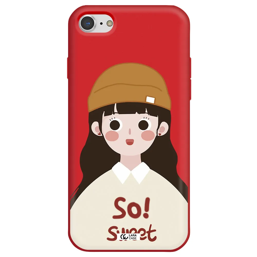 a cartoon of a girl with brown hair Apple iPhone 8 Silicone Imperial Red Case