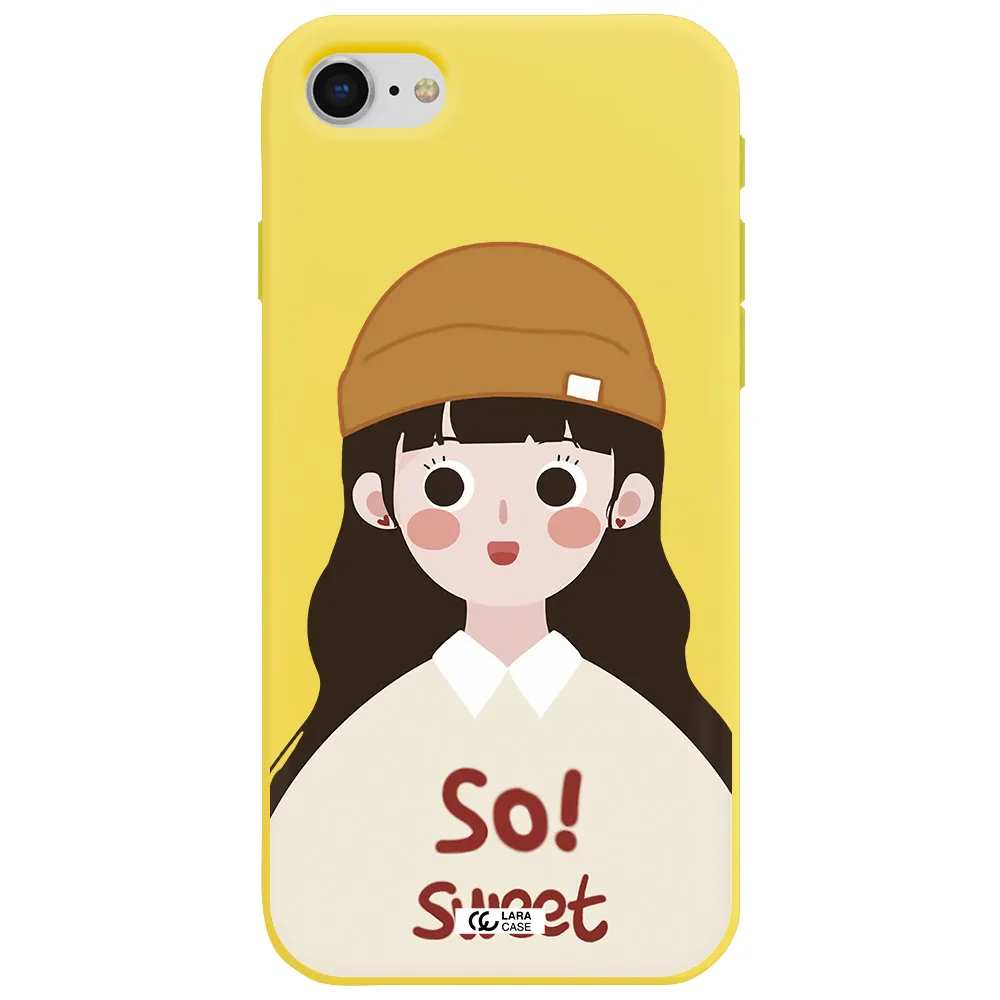 a cartoon of a girl with brown hair Apple iPhone se 2020 Silicone canary yellow Case