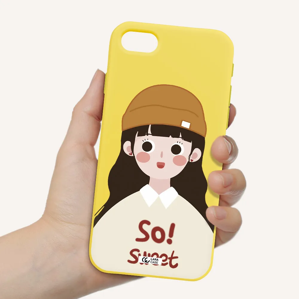 a cartoon of a girl with brown hair Apple iPhone se 2020 Silicone canary yellow Case