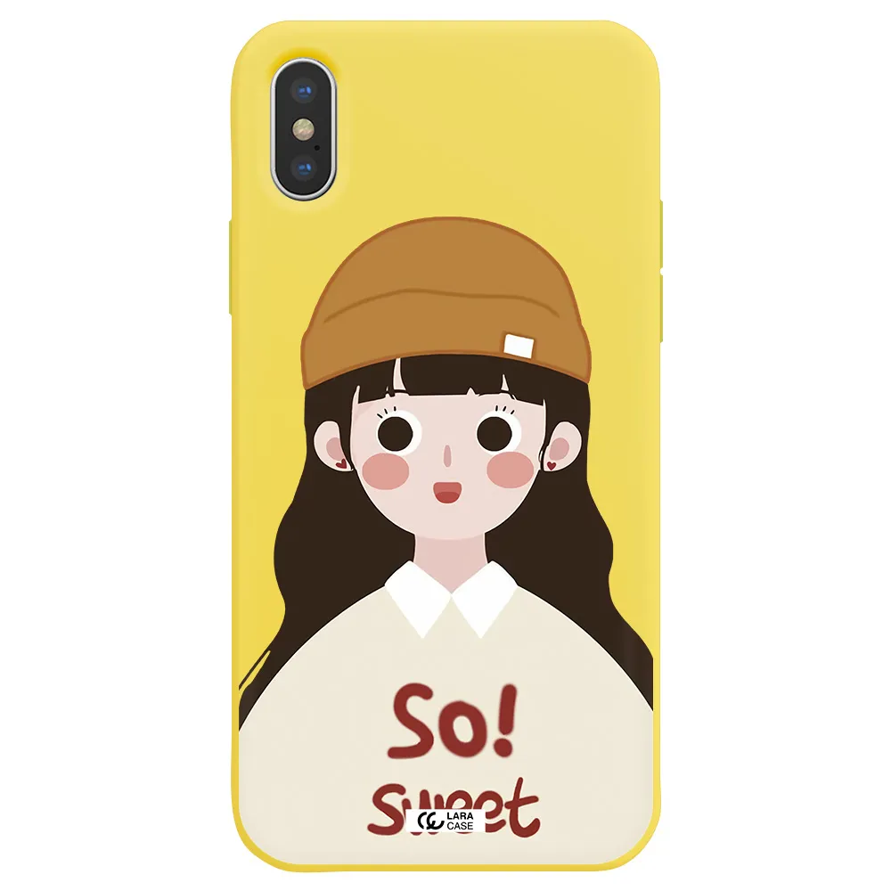 a cartoon of a girl with brown hair Apple iPhone XS Silicone canary yellow Case