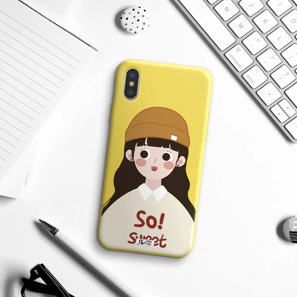 a cartoon of a girl with brown hair Apple iPhone XS Silicone canary yellow Case