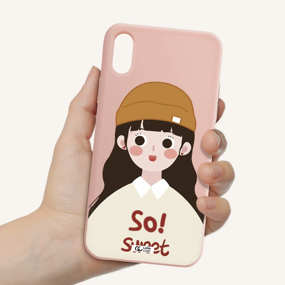 a cartoon of a girl with brown hair Apple iPhone XS Silicone pastel pink Case