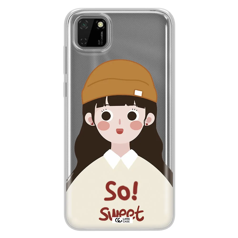 a cartoon of a girl with brown hair Huawei Y5P Clear TPU Case