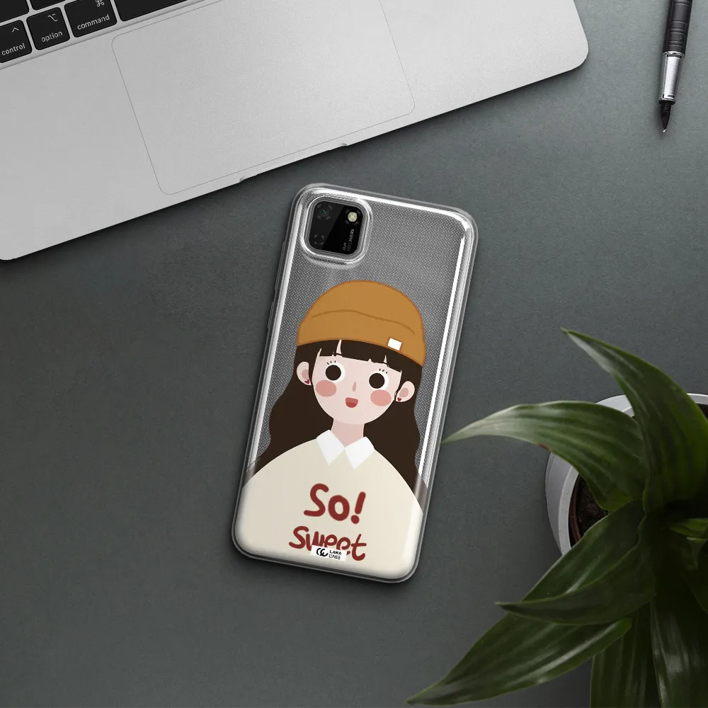 a cartoon of a girl with brown hair Huawei Y5P Clear TPU Case
