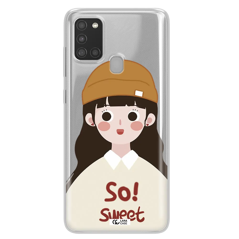 a cartoon of a girl with brown hair Samsung A21S Clear TPU Case