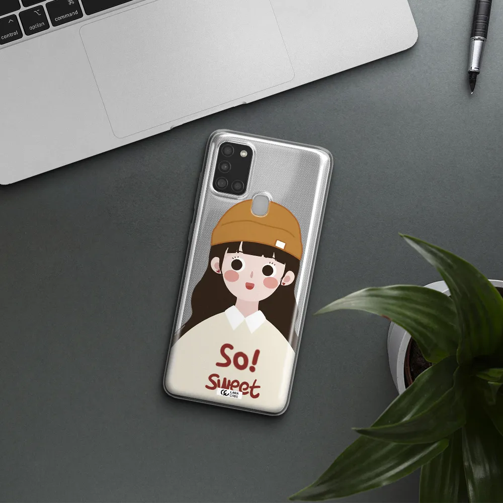 a cartoon of a girl with brown hair Samsung A21S Clear TPU Case