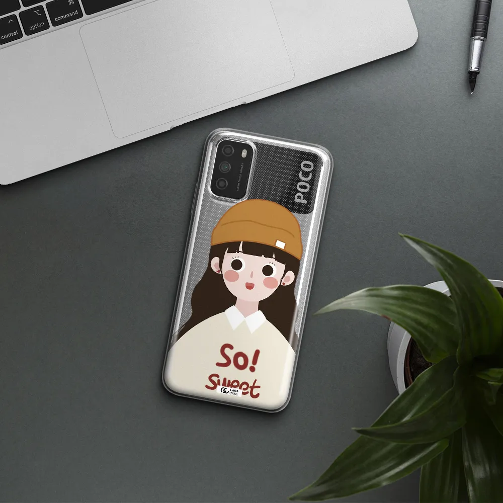 a cartoon of a girl with brown hair Xiaomi Poco M3 Clear TPU Case