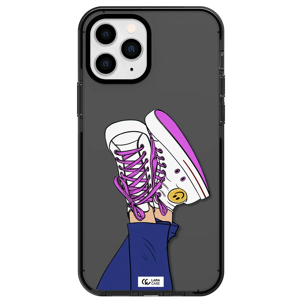 a cartoon of a person's feet with purple shoes Apple iPhone 11 pro impact Smoke Black Case