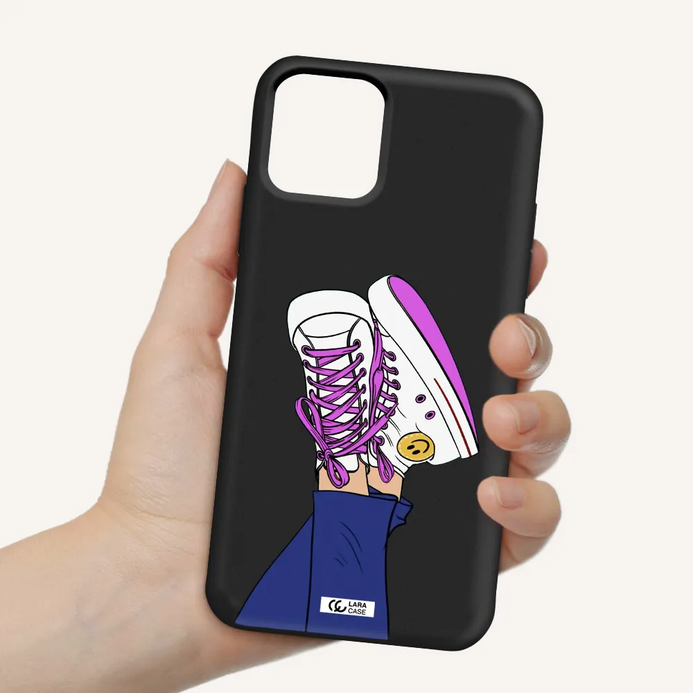 a cartoon of a person's feet with purple shoes Apple iPhone 11 pro max Silicone black Case