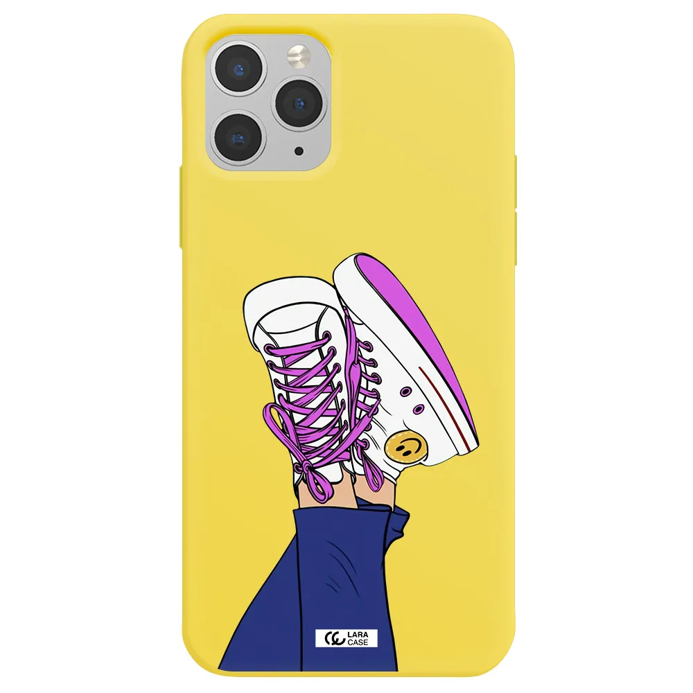 a cartoon of a person's feet with purple shoes Apple iPhone 11 pro max Silicone canary yellow Case