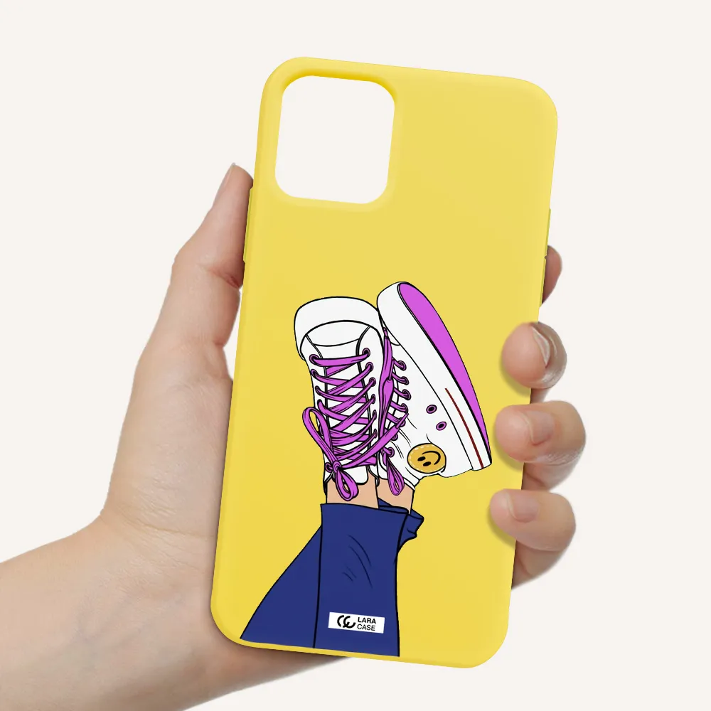 a cartoon of a person's feet with purple shoes Apple iPhone 11 pro max Silicone canary yellow Case