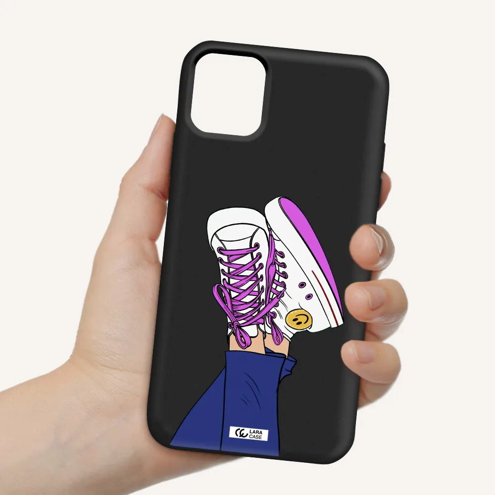 a cartoon of a person's feet with purple shoes Apple iPhone 11 Silicone black Case