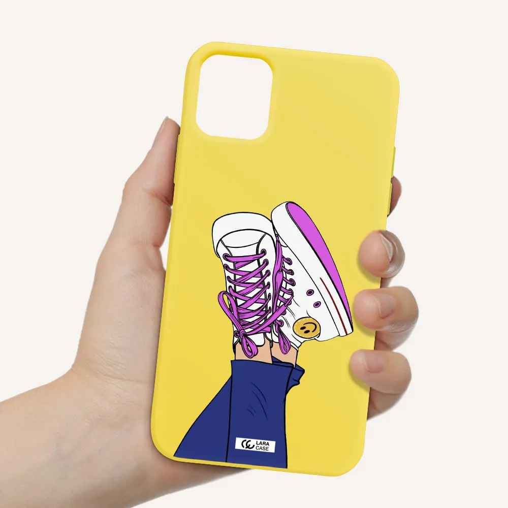 a cartoon of a person's feet with purple shoes Apple iPhone 11 Silicone canary yellow Case