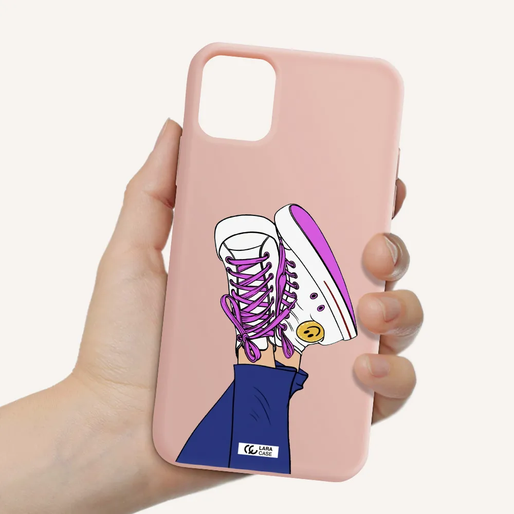 a cartoon of a person's feet with purple shoes Apple iPhone 11 Silicone pastel pink Case