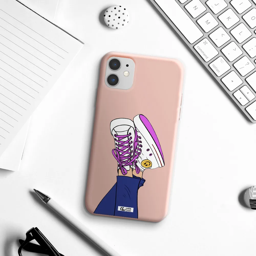 a cartoon of a person's feet with purple shoes Apple iPhone 11 Silicone pastel pink Case