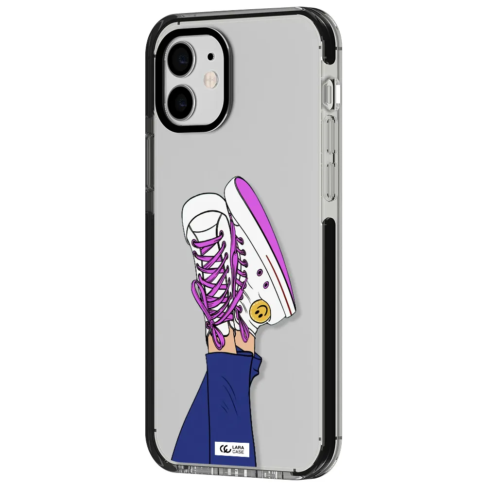 a cartoon of a person's feet with purple shoes Apple iPhone 12 impact black border Case