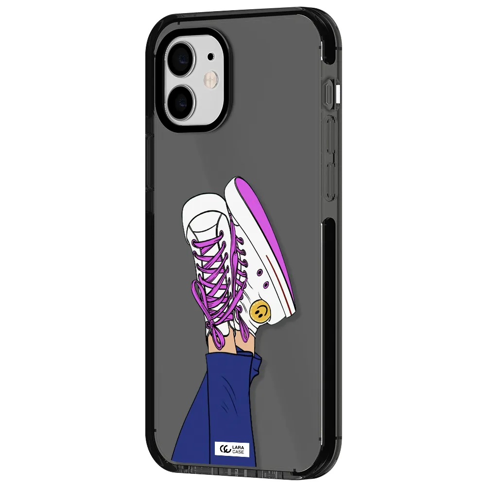 a cartoon of a person's feet with purple shoes Apple iPhone 12 impact Smoke Black Case