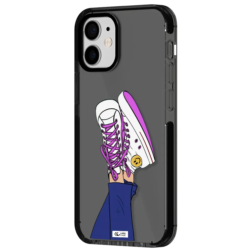 a cartoon of a person's feet with purple shoes Apple iPhone 12 mini impact Smoke Black Case