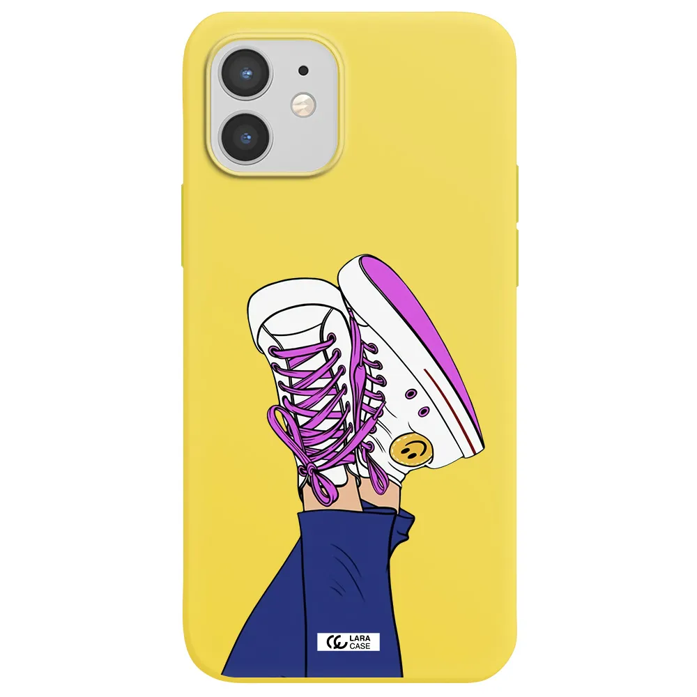 a cartoon of a person's feet with purple shoes Apple iPhone 12 mini Silicone canary yellow Case