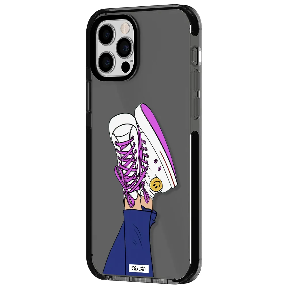 a cartoon of a person's feet with purple shoes Apple iPhone 12 pro impact Smoke Black Case