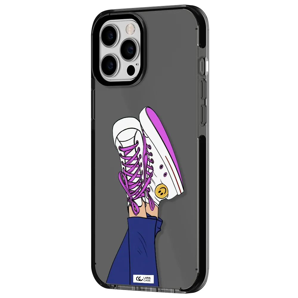 a cartoon of a person's feet with purple shoes Apple iPhone 12 pro max impact Smoke Black Case