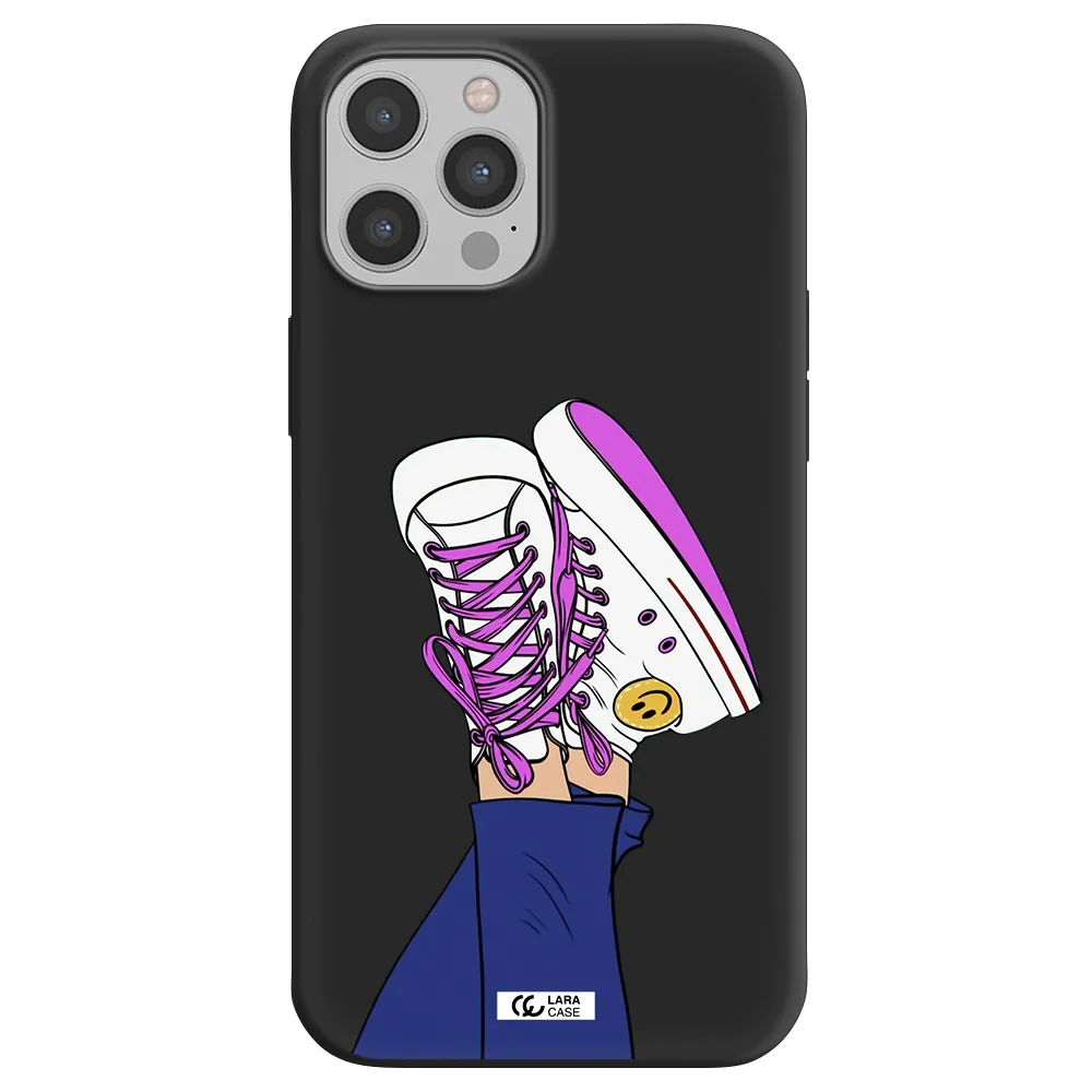 a cartoon of a person's feet with purple shoes Apple iPhone 12 pro max Silicone black Case