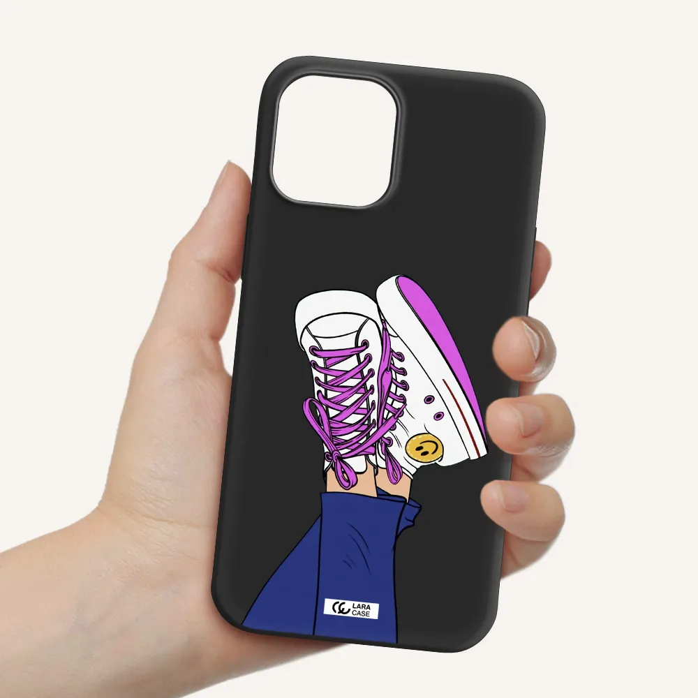 a cartoon of a person's feet with purple shoes Apple iPhone 12 pro max Silicone black Case
