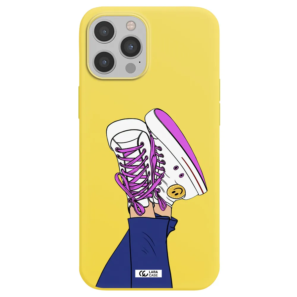 a cartoon of a person's feet with purple shoes Apple iPhone 12 pro max Silicone canary yellow Case