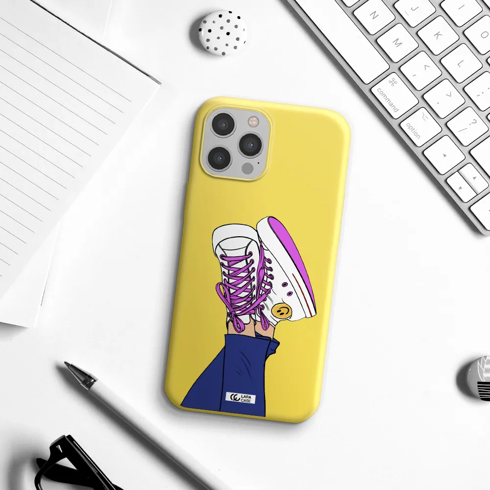 a cartoon of a person's feet with purple shoes Apple iPhone 12 pro max Silicone canary yellow Case