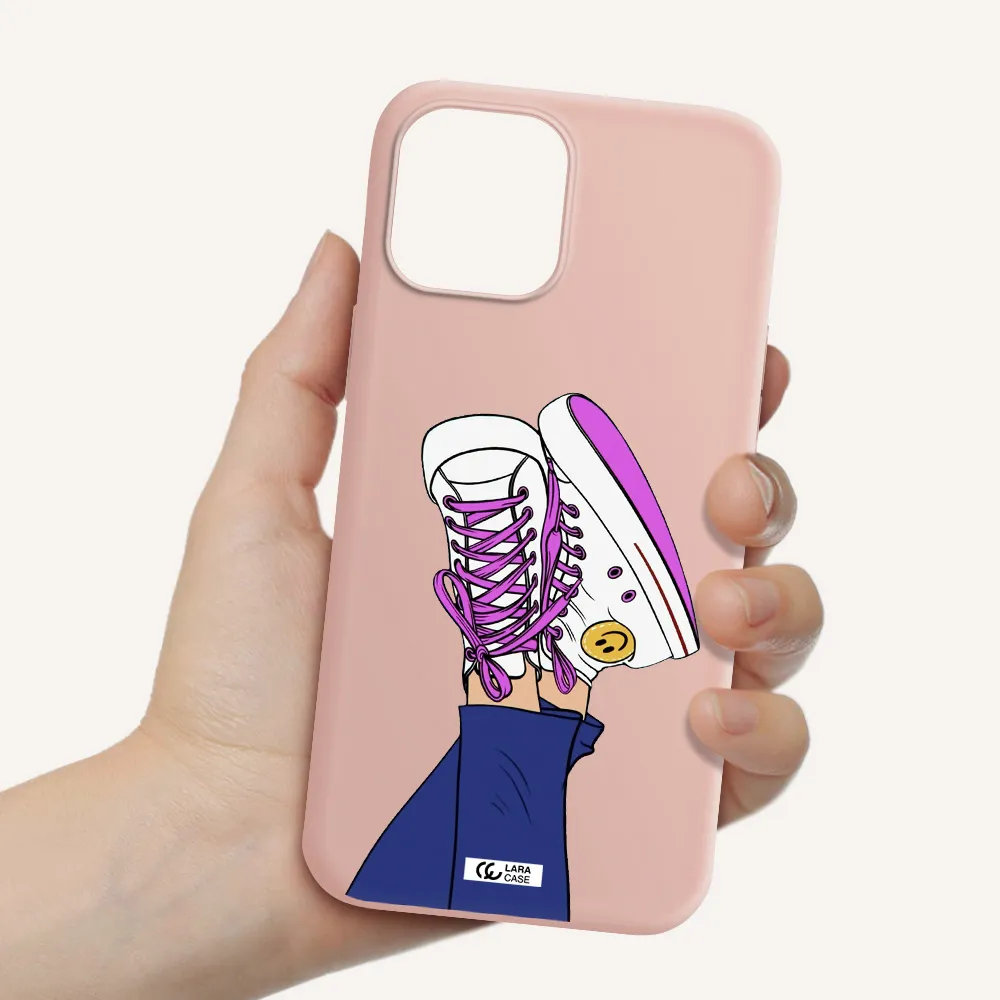 a cartoon of a person's feet with purple shoes Apple iPhone 12 pro max Silicone pastel pink Case