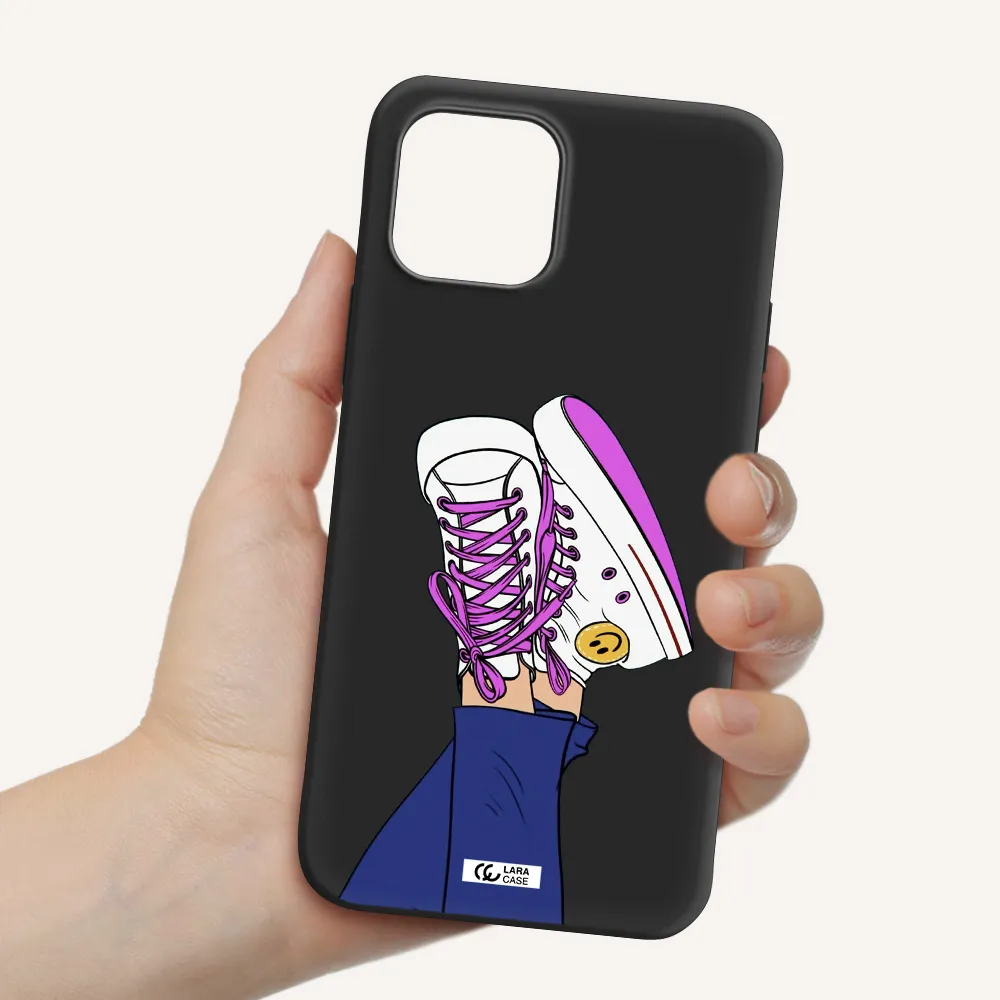 a cartoon of a person's feet with purple shoes Apple iPhone 12 Silicone black Case
