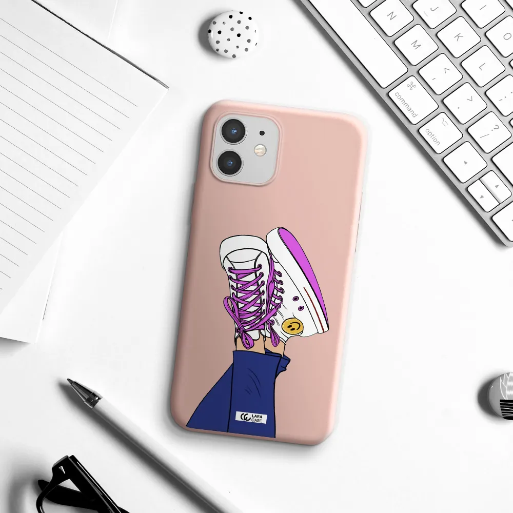 a cartoon of a person's feet with purple shoes Apple iPhone 12 Silicone pastel pink Case