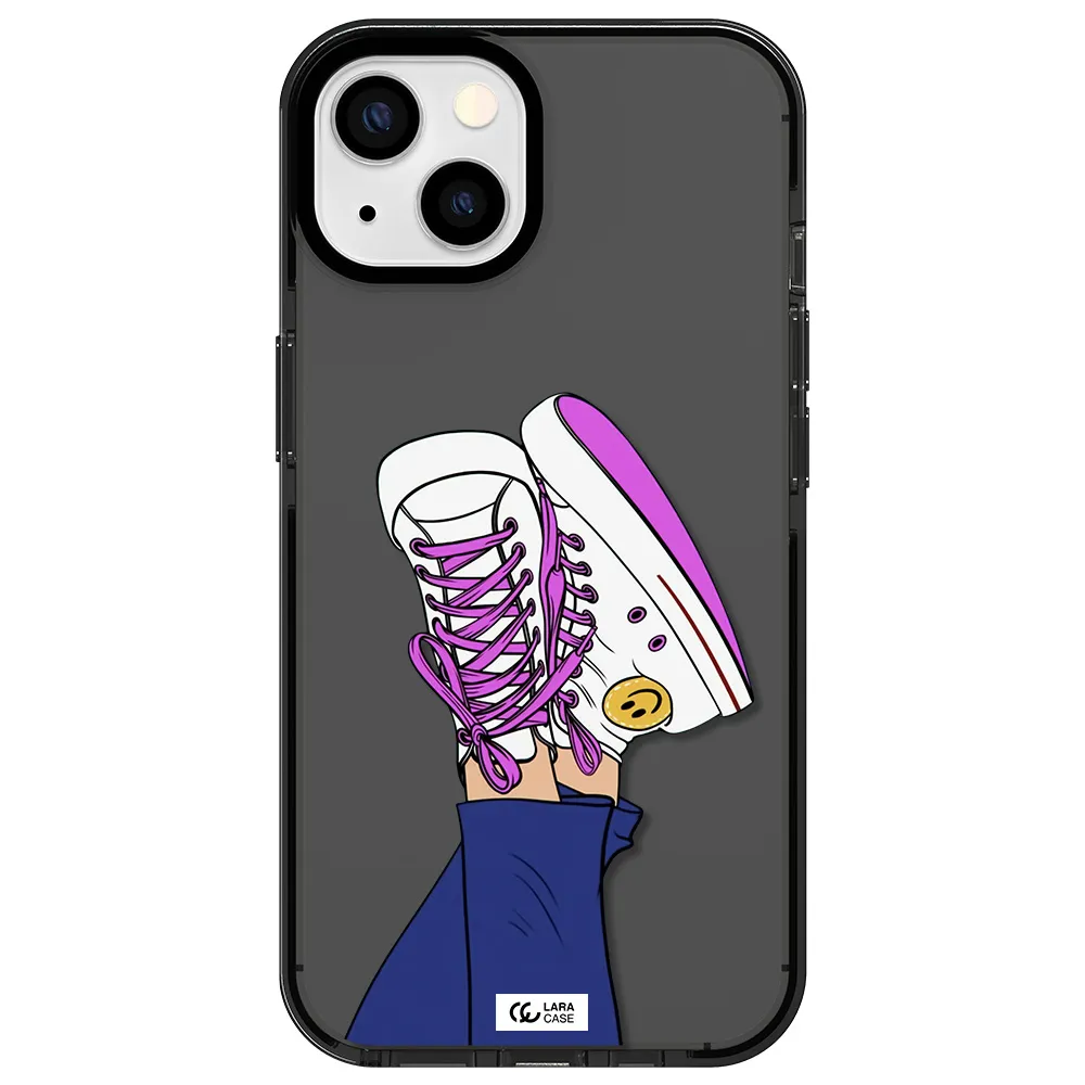 a cartoon of a person's feet with purple shoes Apple iPhone 13 impact Smoke Black Case