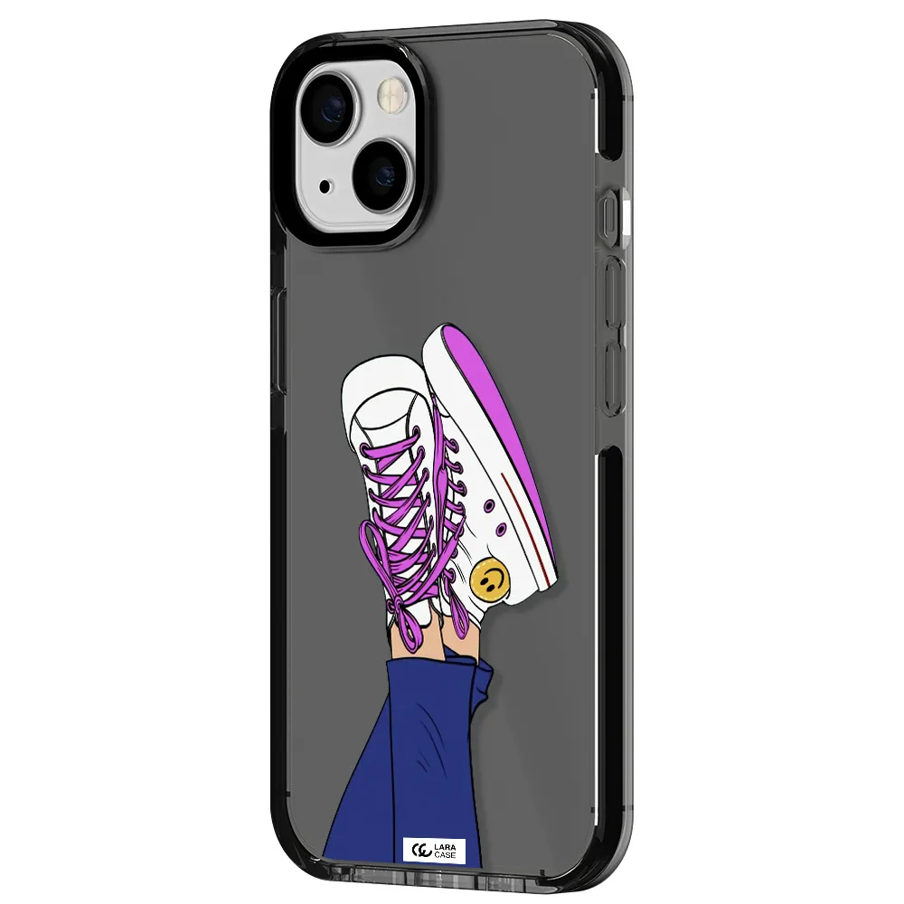 a cartoon of a person's feet with purple shoes Apple iPhone 13 impact Smoke Black Case