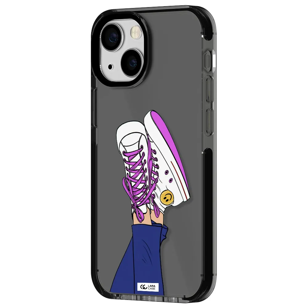 a cartoon of a person's feet with purple shoes Apple iPhone 13 mini impact Smoke Black Case