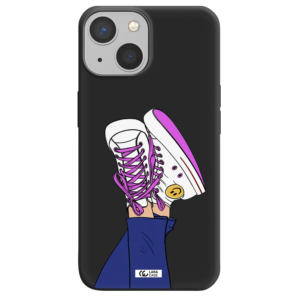 a cartoon of a person's feet with purple shoes Apple iPhone 13 mini Silicone black Case
