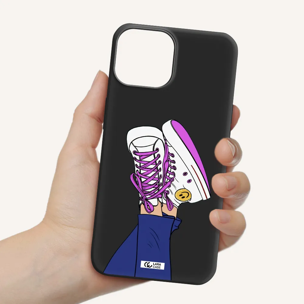a cartoon of a person's feet with purple shoes Apple iPhone 13 mini Silicone black Case