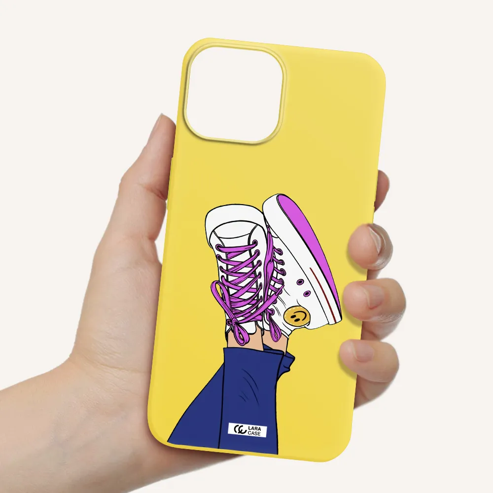 a cartoon of a person's feet with purple shoes Apple iPhone 13 mini Silicone canary yellow Case