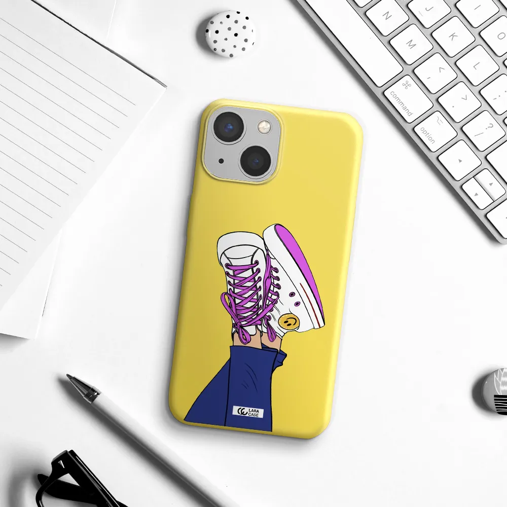 a cartoon of a person's feet with purple shoes Apple iPhone 13 mini Silicone canary yellow Case